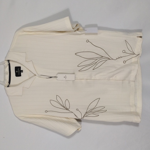 NWT Saints Studio Ecru Plant Embroidered Textured Button Down Shirt Men Sz Med - Picture 1 of 8